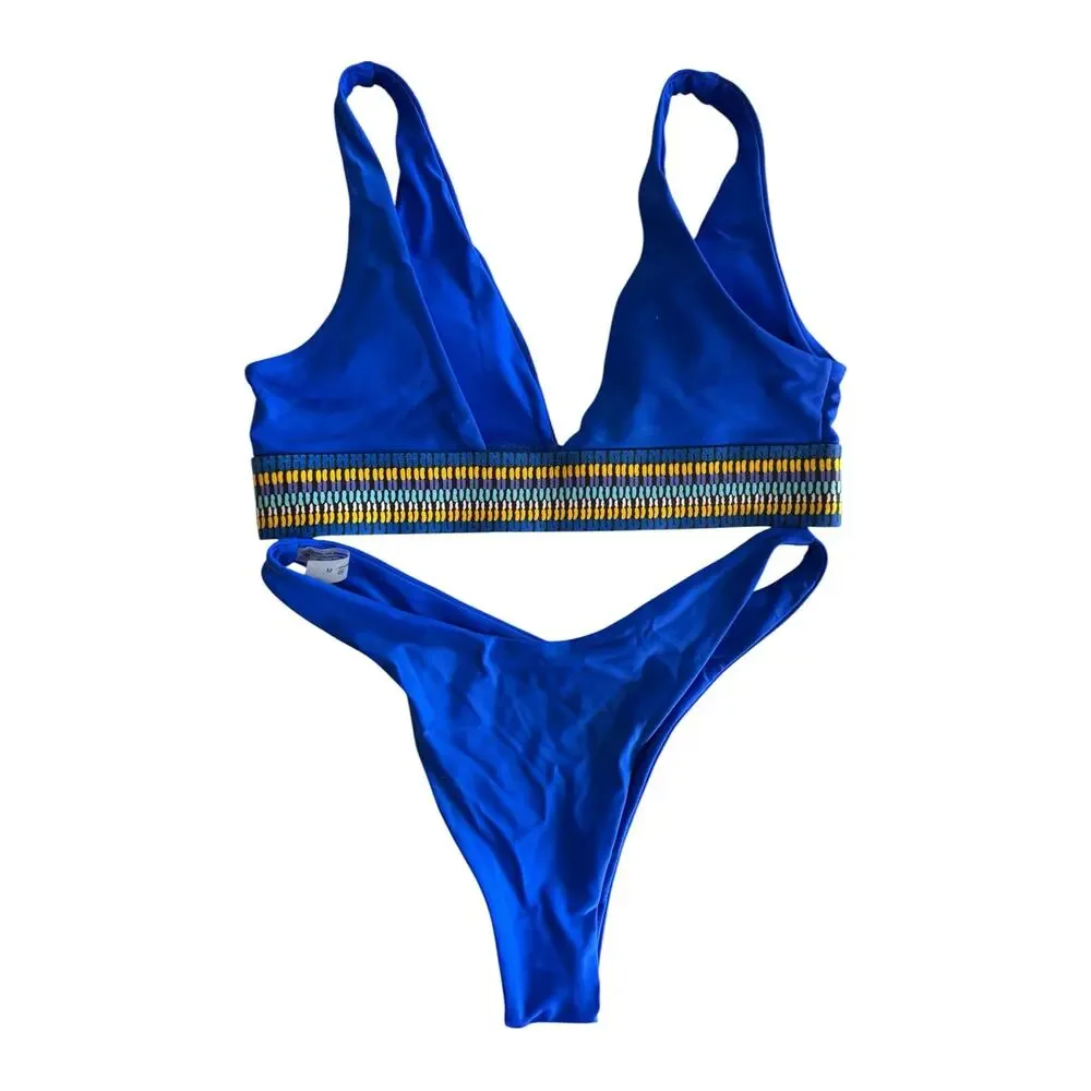 Blue V-Neck Bikini Set Size M High Cut Bottom Two Piece Swimsuit